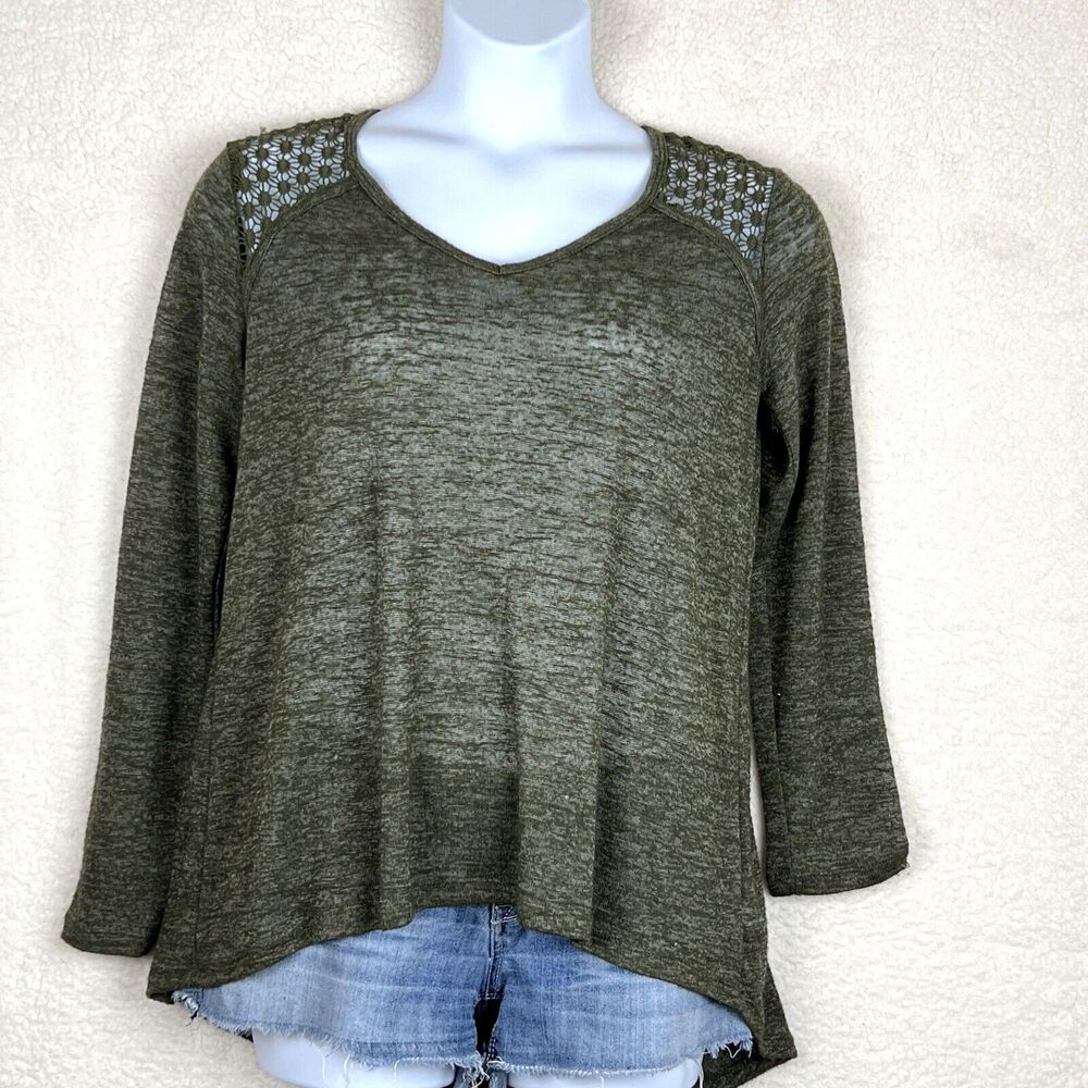 Xhilaration Women Green Long Sleeve Top Large Back Yoke Lace